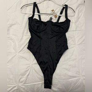 Skims Stretch Satin Bodysuit in Onyx